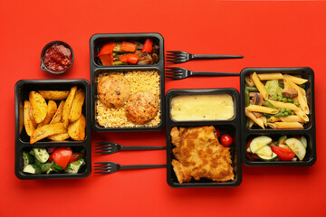 Lunch boxes with different tasty food and forks on color background