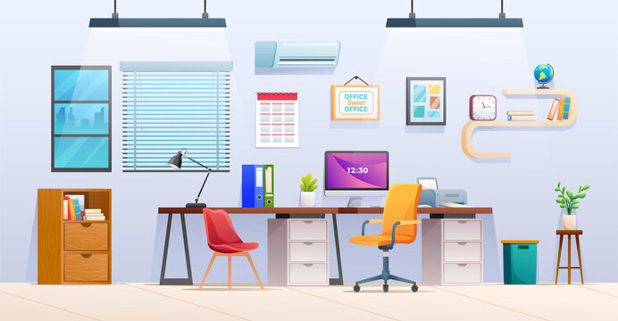 Office workstation interior design cartoon