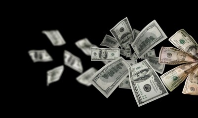 Us dollar. American money, falling cash. Flying hundred dollars on black background
