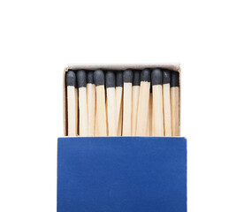 Box with new matchsticks on white background