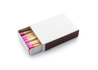 Box with new matchsticks on white background