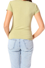 Obraz premium Young woman in blank t-shirt on white background, back view