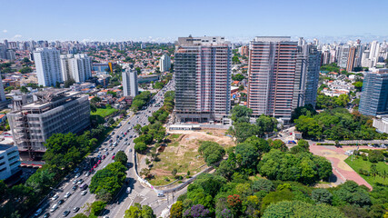 Aerial view of the city of São Paulo, Brazil.
In the neighborhood of Vila Clementino, Jabaquara. Aerial drone photo. Avenida 23 de Maio in the background. Many residential buildings under construction