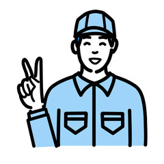 Obraz premium ピースサインをして笑顔の作業服を着た若い男性