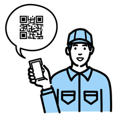 スマホを持ってQRコードの説明をしている作業服の若い男性
