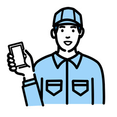 スマホを持って笑顔で説明をしている作業服の若い男性
