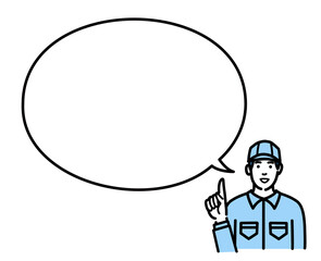 吹き出しで説明をする作業服の若い男性
