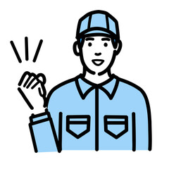 笑顔でガッツポーズをしている作業服の若い男性
