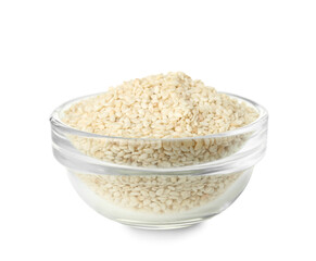 Bowl of sesame seeds on white background