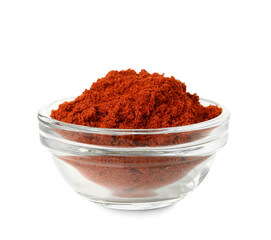 Bowl of aromatic paprika powder on white background