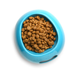 Bowl with tasty pet food on white background