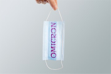 Omicron Coronavirus background printed on surgical mask image. New covid variant
