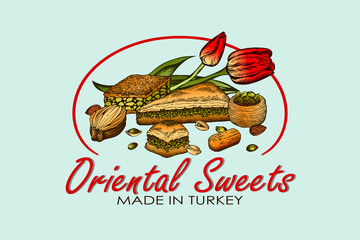 Sketch drawing poster of oriental sweets logo with red tulips isolated on blue background. Hand drawn Turkish baklava, card design, pistachios, tulumba, almond, Istanbul Bazaar. Vector illustration. - 486397804