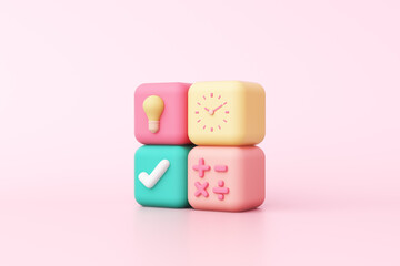 Children theme online learning kids friendly pastel colorful creative education or business success math study time management idea imagination clock light bulb object. clipping path. 3D Illustration.