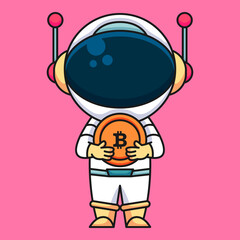 Astronaut carrying bitcoin cryptocurrency coin, cute cartoon icon illustration