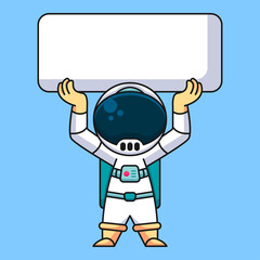 Astronaut lifting blank page, cute cartoon icon illustration