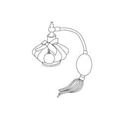 Vintage line drawing illustration of perfume, old fashioned spray bottle. Hand drawn doodle sketch.