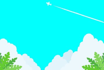 夏をイメージした青空と飛行機の背景イラスト