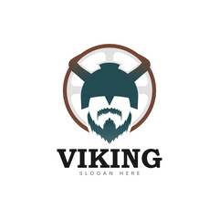Simple illustration of viking logo, Premium Design. Head of bearded viking warrior with horned helmet