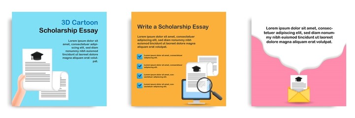 3D cartoon style. Social media informative scholarship essay tips post banner template layout design. Hand with letter sending via web mail on desktop screen concept.