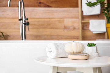 Set of bath accessories and houseplant on table