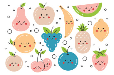 A set of illustrations of cute kawaii fruits. Children's drawing. Doodles,cartoon isolated on a white background.