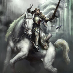 A knight on a mighty white horse in golden armor is preparing for an attack, he has a sword in his hand. digital drawing style, 2D illustration © Kalleeck