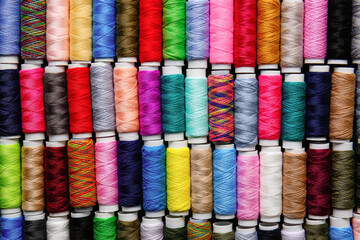 Many spools with different sewing threads as background
