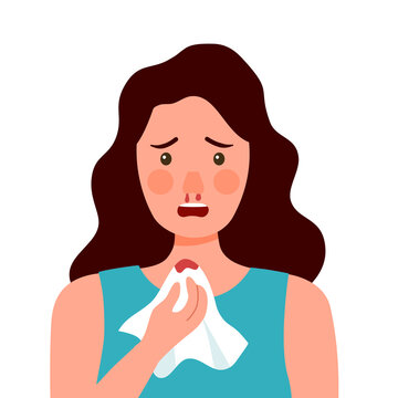 Young sick woman with a nosebleed in flat design. Nose bleeding symptom.