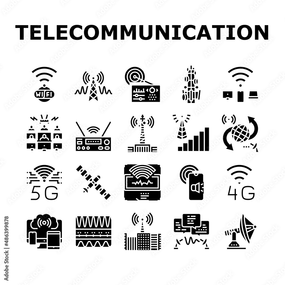 Poster telecommunication technology icons set vector. telecommunication tower and antenna, analog transmitt