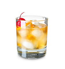 Glass of delicious Old Fashioned Cocktail on white background