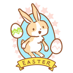笑顔のイースターうさぎ（鉢割れ模様）のベクターイラスト 星のフレームつき