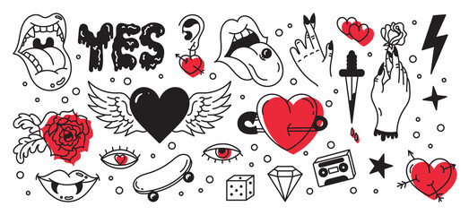A set of tattoos,graffiti, doodle,cartoon,modern. Abstract decorative illustrations, contour and color. Lips,eyes,lightning,heart with dagger,crystals,hands. Isolated on a white.