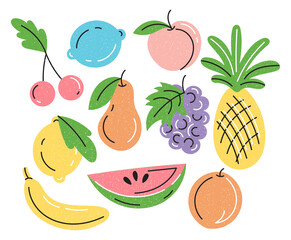 A set of illustrations of tropical exotic and garden fruits with a grainy texture. Doodles,cartoon isolated on a white background.