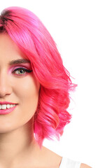 Naklejka premium Stylish woman with bright hair on white background, closeup