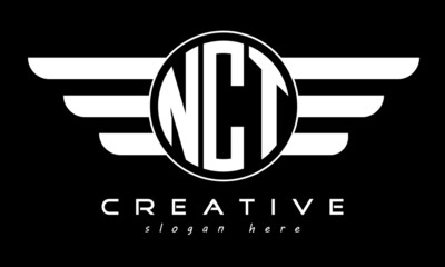 NCT three letter monogram type circle letter logo with wings vector template.