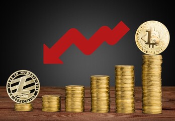 stack of dwindling money coins, arrow pointing down, loss of value of money, currency and assets due to inflation