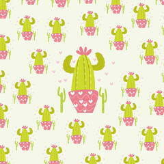 Seamless pattern with cacti and flowers in green and pink colors on beige background