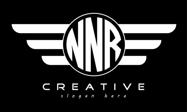 NNR three letter monogram type circle letter logo with wings vector template.