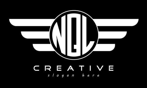 NQL three letter monogram type circle letter logo with wings vector template.