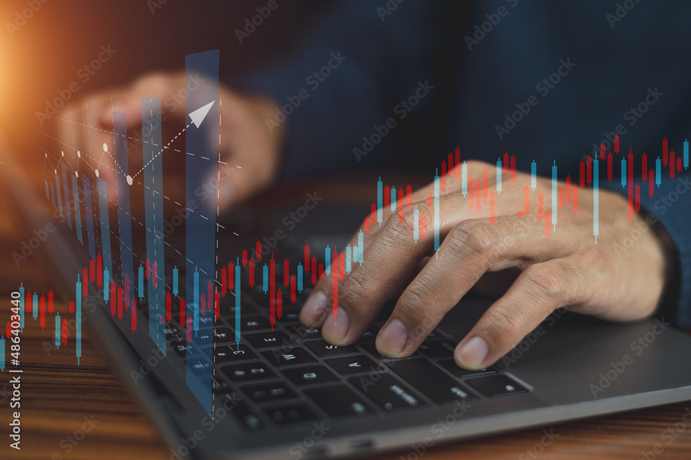 Poster closeup hand using computer trading online on digital chart visual screen technology