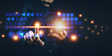 Businessman with technology visual screen connection to metaverse control for future lifestyle