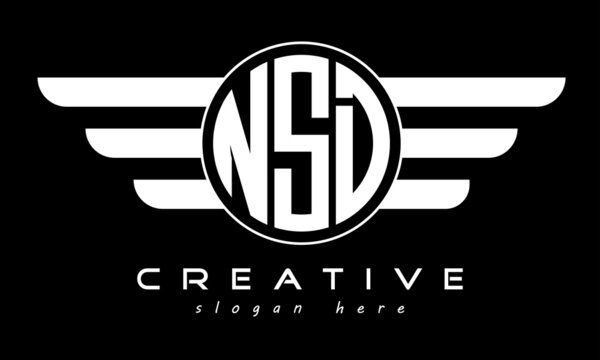 NSD three letter monogram type circle letter logo with wings vector template.