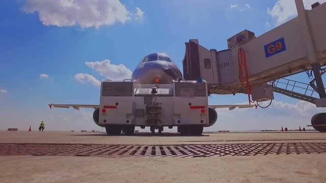 automated jet bridge is moving out from airplane, passenger transport