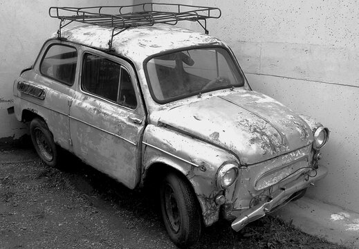 BIYSK, RUSSIA - CIRCA, JUNE, 2021: Retro classic car ZAZ-965 Zaporozhets, car parked. Black and white photography.