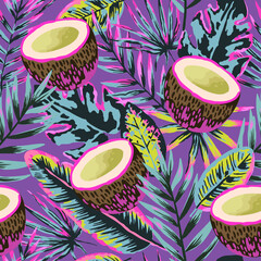Seamless pattern with modern neon tropical leaves and coconuts for design and textile.