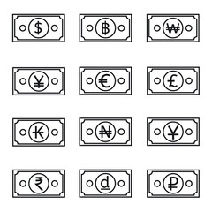 Currency symbol banknotes icon set.