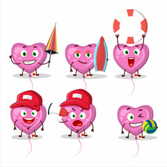 Happy Face pink love balloon cartoon character playing on a beach