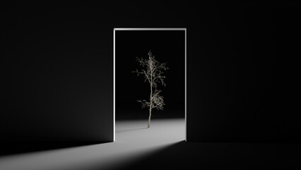 Branch tree inside the room. Abstract illustration. Surrealism