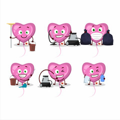 Cleaning service pink love balloon cute cartoon character using mop